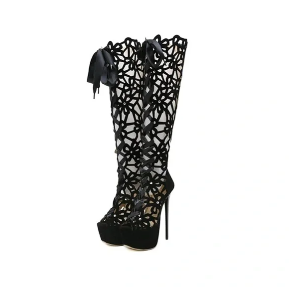 SOLD SOLD SOLD SOLD SOLD SOLD
Black Leather Lace Up Women's Stiletto Boots - Picture 1 of 11